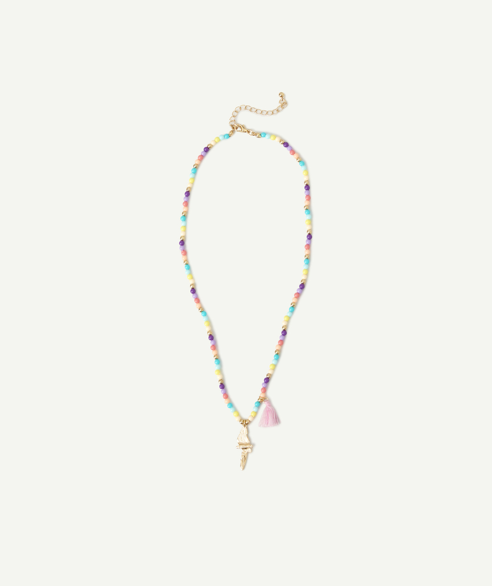COLLIER FILLE AVEC PERLES COLORÉES PERROQUET ET POMPON
