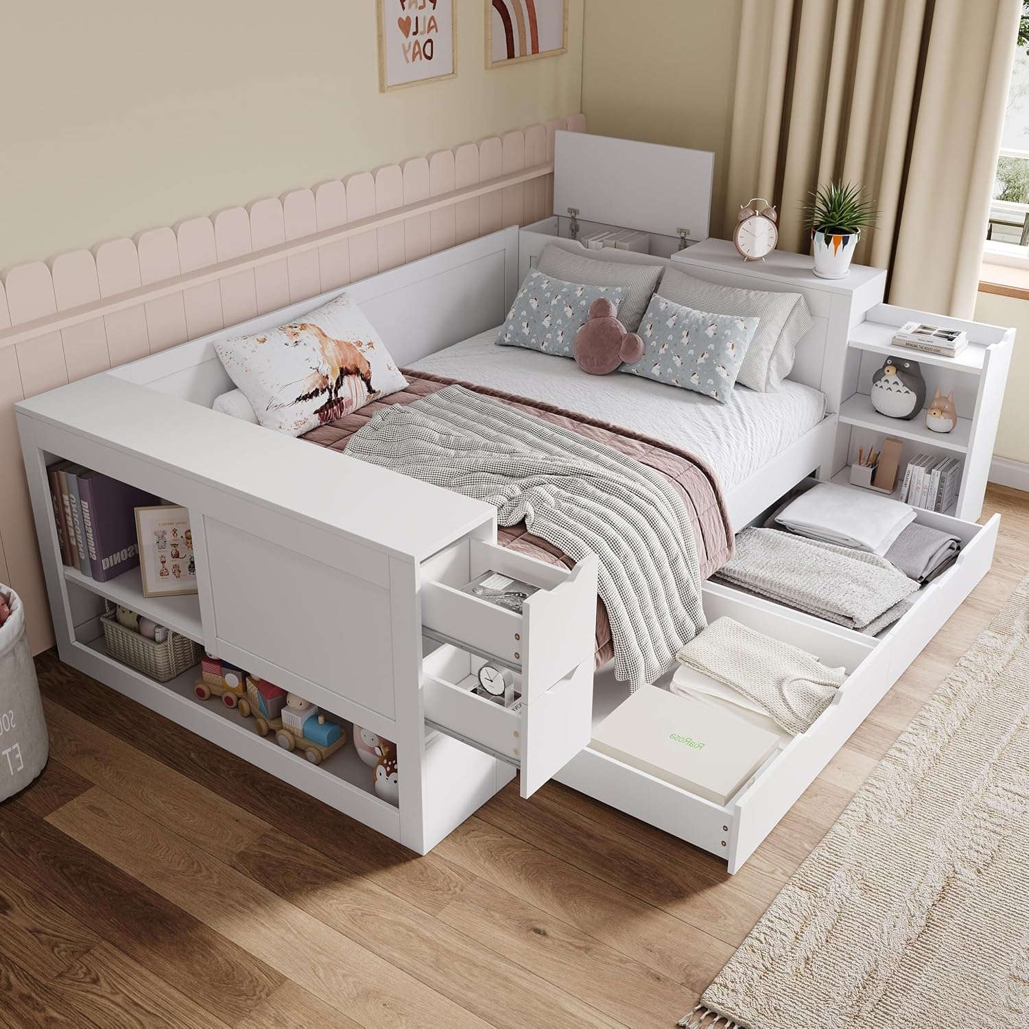 Kinderbett 140x200 cm, Doppelbett mit Regalen und Stauschrank, Stauraumbett mit Schubladen, Bettkasten mit Nachttischen, für Erwachsene und Jugendliche, Weiß, ohne Matratze