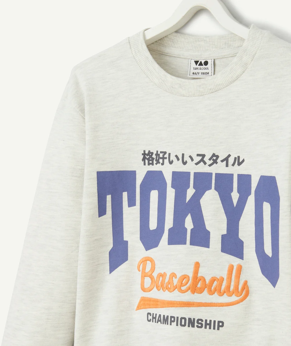 T-SHIRT MANCHES LONGUES GARÇON EN COTON BIO GRIS CHINÉ THÈME TOKYO
