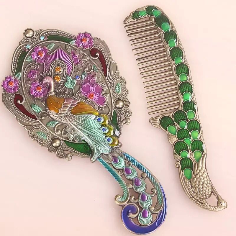 tuban - Set: Peacock Alloy Handheld Mirror + Hair Comb