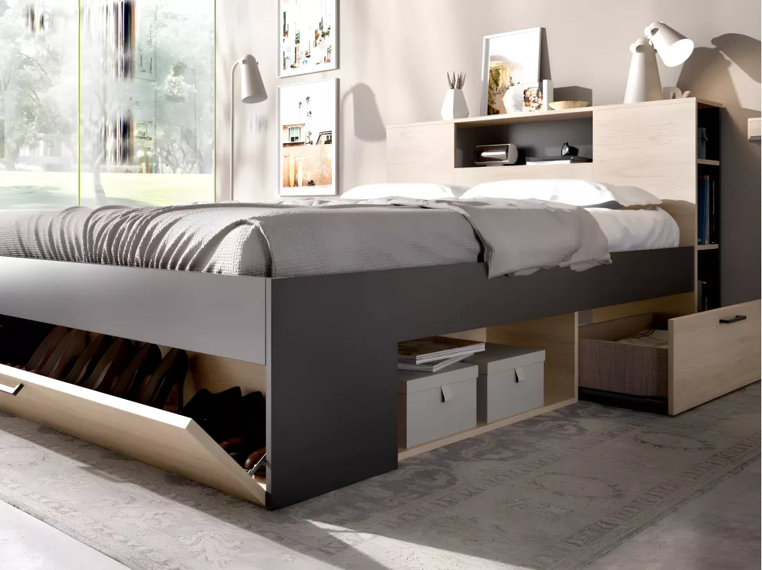 Lit avec tête de lit rangements et tiroirs - 140 x 190 cm - Coloris : Naturel et anthracite + Sommier - LEANDRE