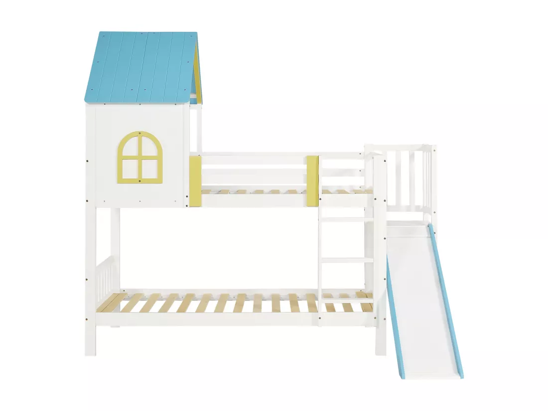 Lit superposé, lit de maison, lit d'enfant,Lit d'enfant avec toit et fenêtre,avec protection contre les chutes et barrière,avec échelle à trois niveaux,avec toboggan, pin+MDF,blanc+bleu,90x200cm,Sans matelas