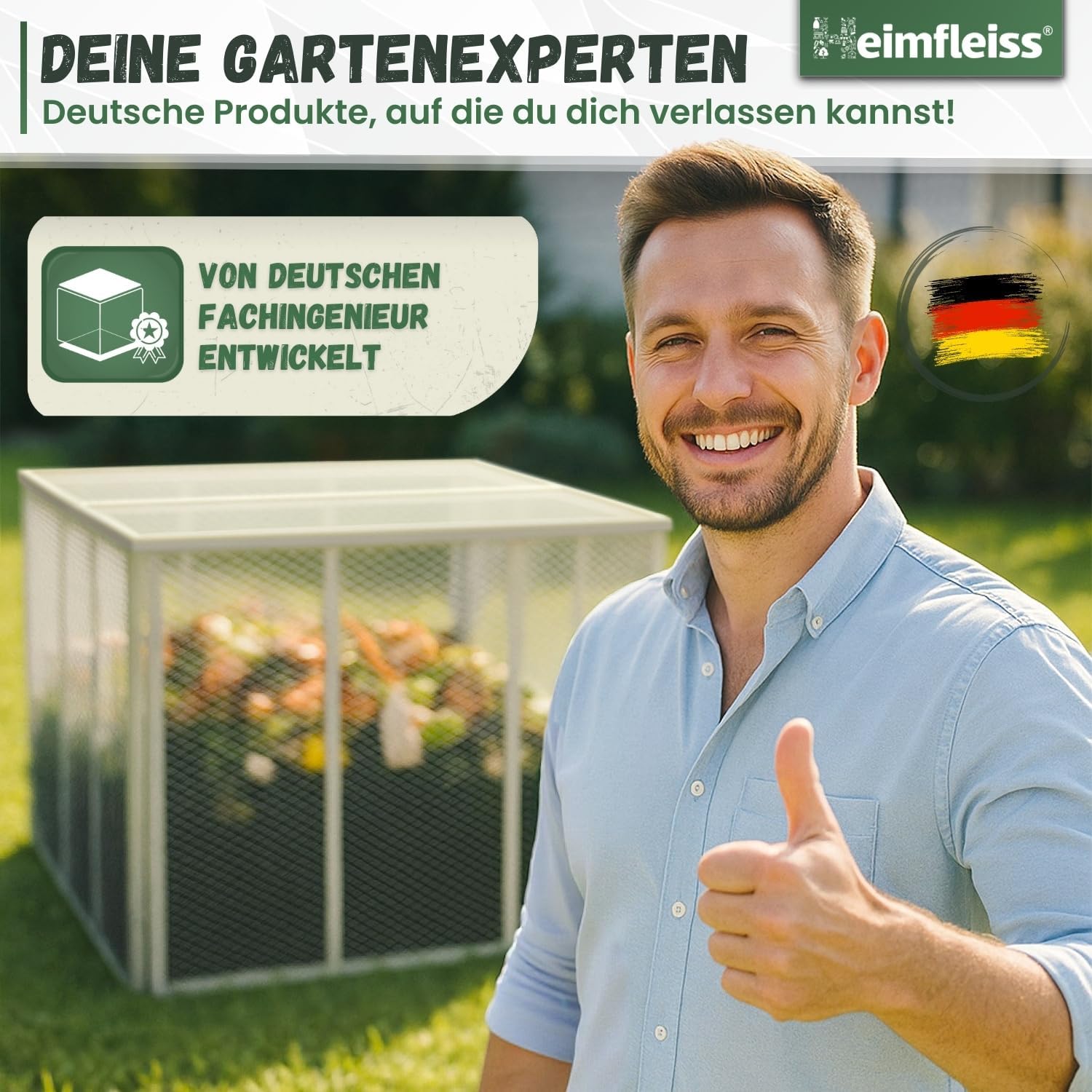Heimfleiss® Komposter Metall 100x100x75 cm + Deckel & Boden | 750L Metallkomposter verzinkt & pulverbeschichtet | Metall Komposter Garten für Rasenschnitt & Biomüll | Gartenkomposter mit Stecksystem