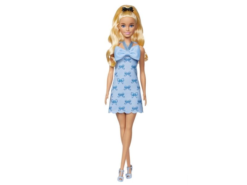 Barbie Puppe Fashionista Blue Bows Fashionistas-Puppe in blauem Neckholderkleid mit Schleife, blondem Haar und einer Haarschleife