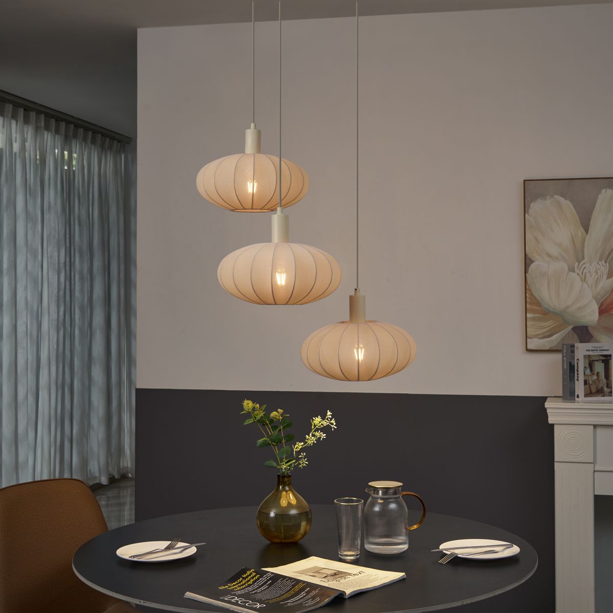 Japandi hanglamp beige met stoffen kap 3-lichts - Bida