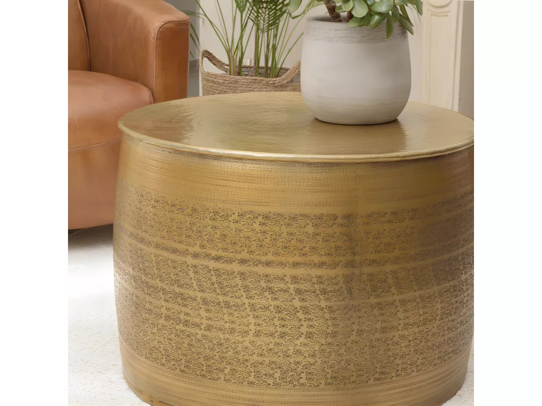HONORE - Table basse alu 60x60cm couleur laiton pied motifs arabesques