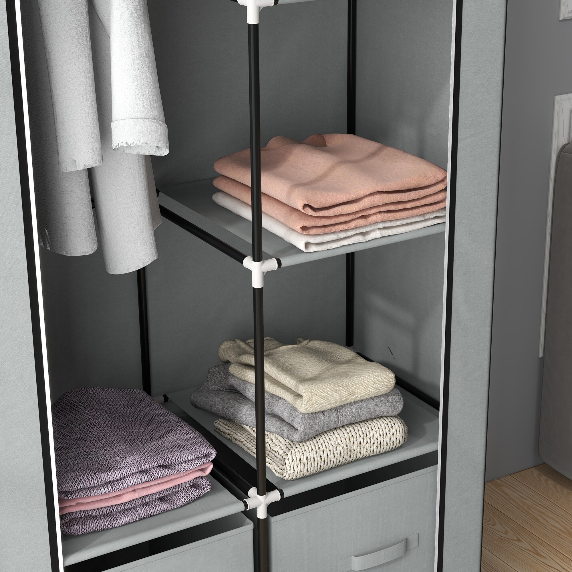 HOMCOM Stoffkleiderschrank mit Reißverschlusstüren grau 83L x 42,5B x 162,5Hcm
