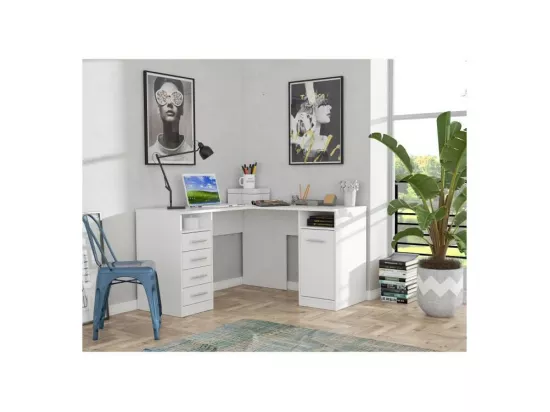 TOLEDE Bureau d'angle 1 porte 4 tiroirs - Décor papier blanc - L 125 x P 125 x H 75 cm