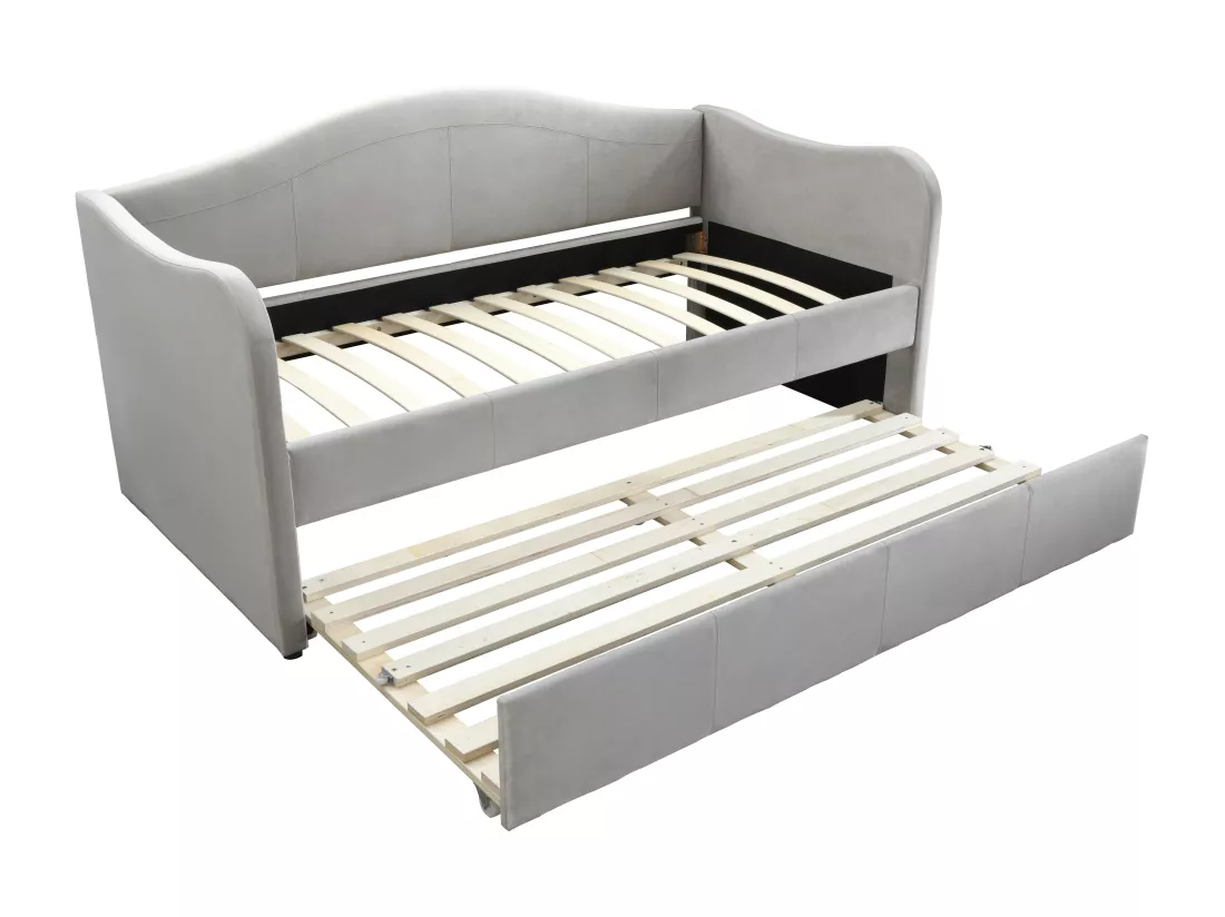 Lit banquette gigogne 2 x 90 x 190 cm - Velours - Gris clair - MATHILDE