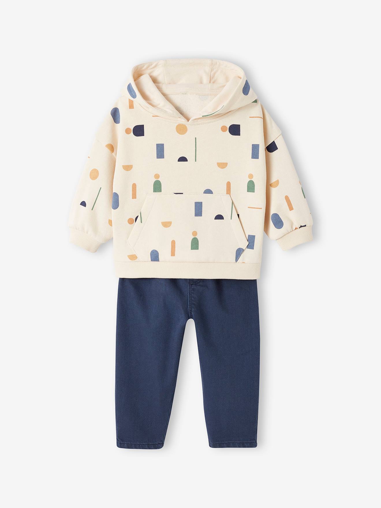 Roupa de bebê: moletom de lã e calça de sarja azul-escura
