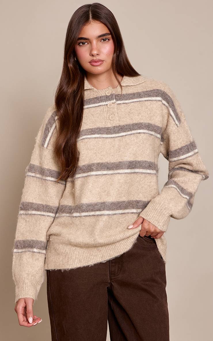 Taupe Synthétiquell Oversize Style Rugby En Maille Brossée À Rayures