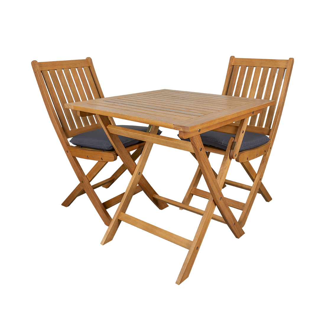 CONTINI Gartentischset 70x70cm mit 2 Stühlen mit Kissen, Eukalyptusholz