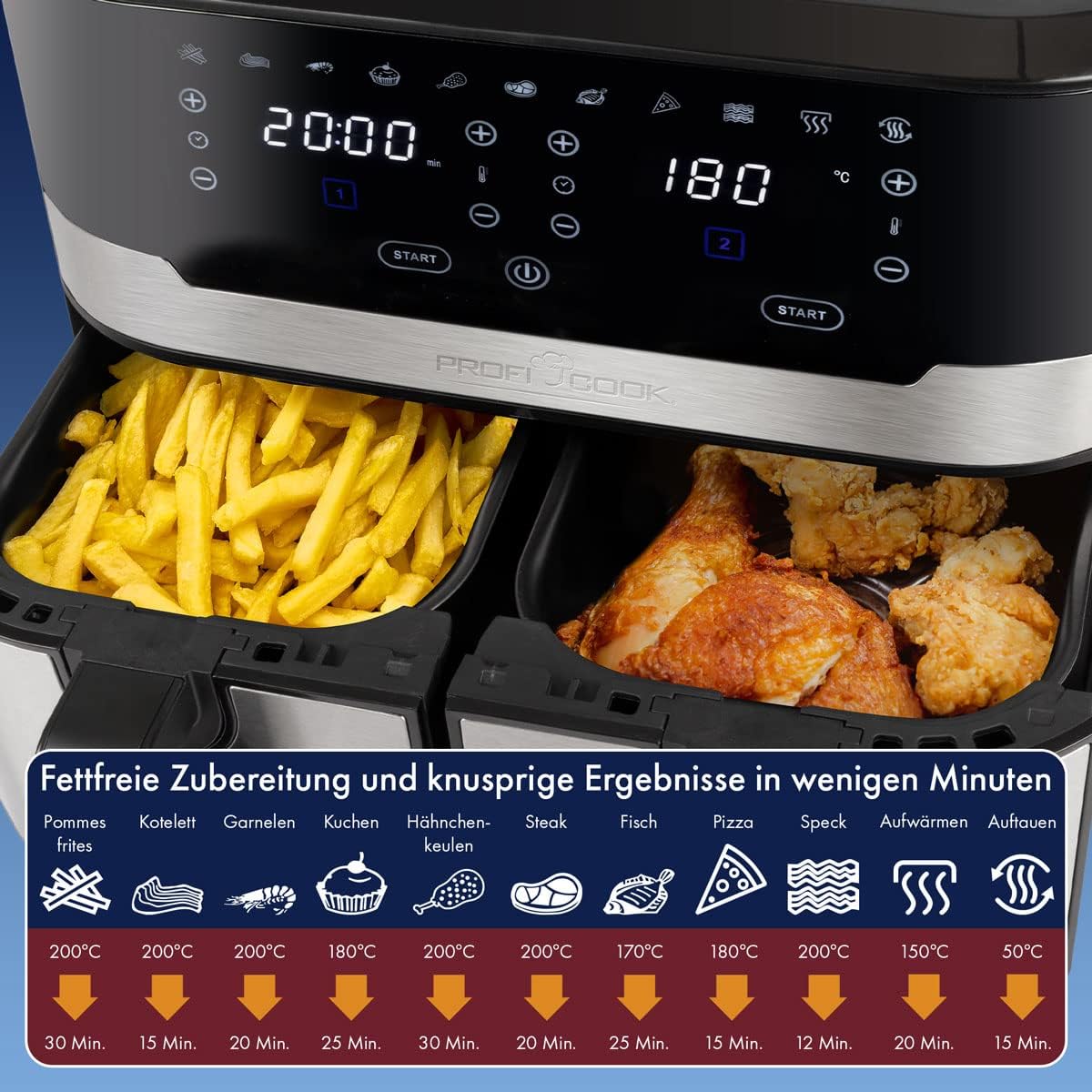 ProfiCook® Doppel-Heißluftfritteuse | 9 Liter | XXL Heißluftfritteuse Doppelkammer | Frittieren mit heißer Luft ohne zusätzliches Öl | 9 Programme | Air Fryer |Touchscreen | 2400 Watt | PC-FR 1242 H