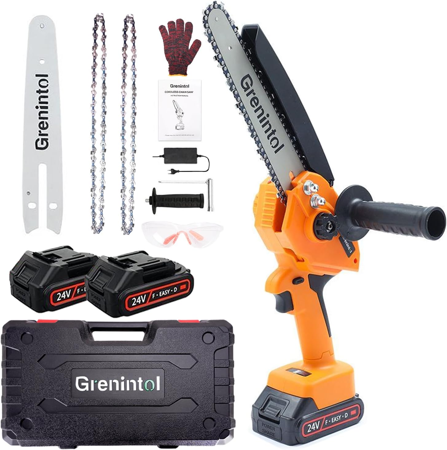 Grenintol Mini Trononneuse à Batterie, 8 Pouces Trononneuse lectrique sans Fil, 24V/1000W/6000mAh Mini Tronconneuse sans Fil avec 2 Batterie, 2 Chanes, Trononneuse lectrique pour Jardin