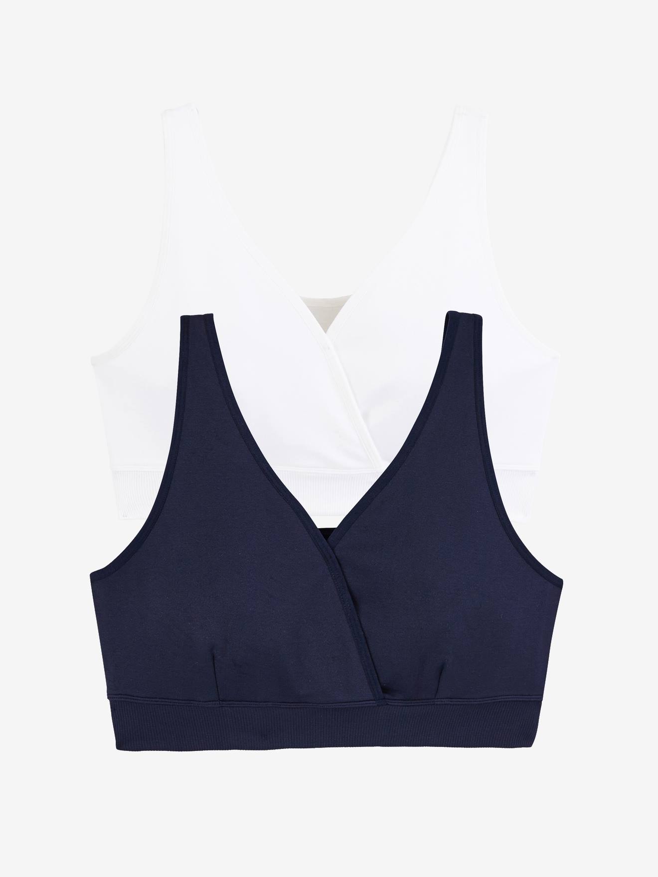 Conjunto de 2 tops de sutiã de amamentação sem costura, confeccionados em microfibra lisa azul-escura.