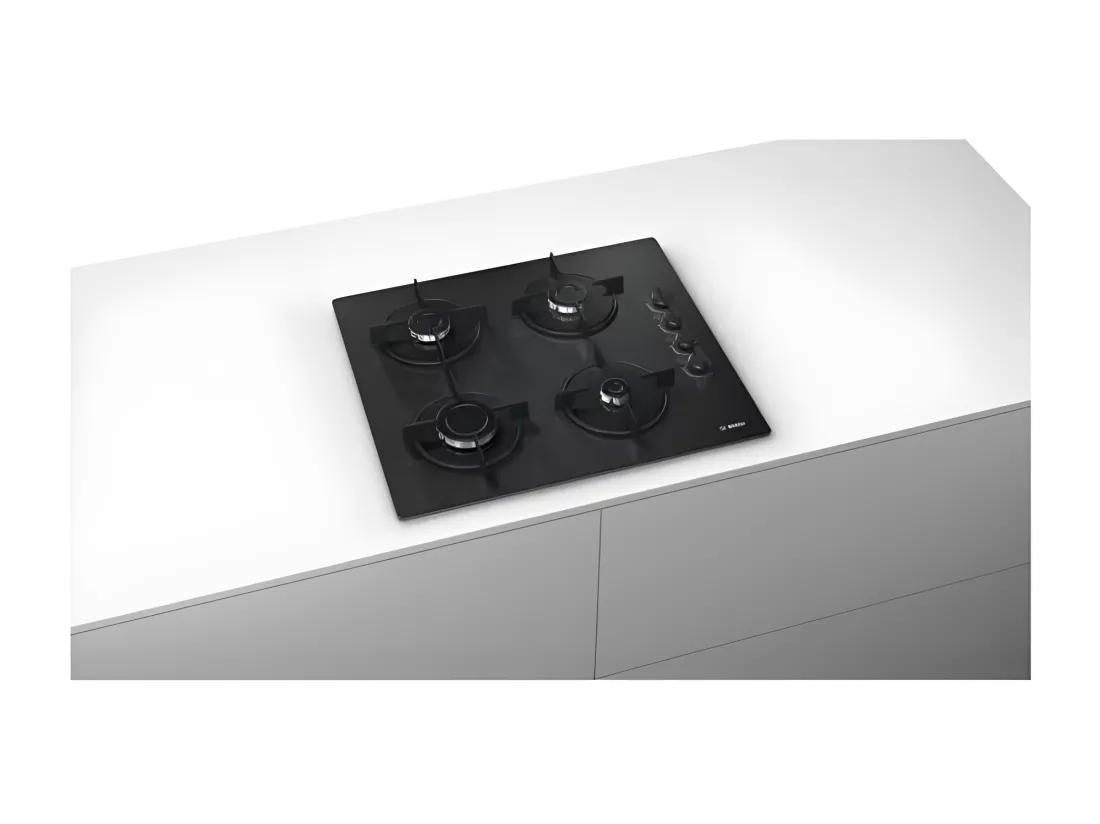 BOSCH POP6B6B10 Table de cuisson gaz - 4 foyers - 7400W - L56 x P48cm - Revetement verre trempe - Noir