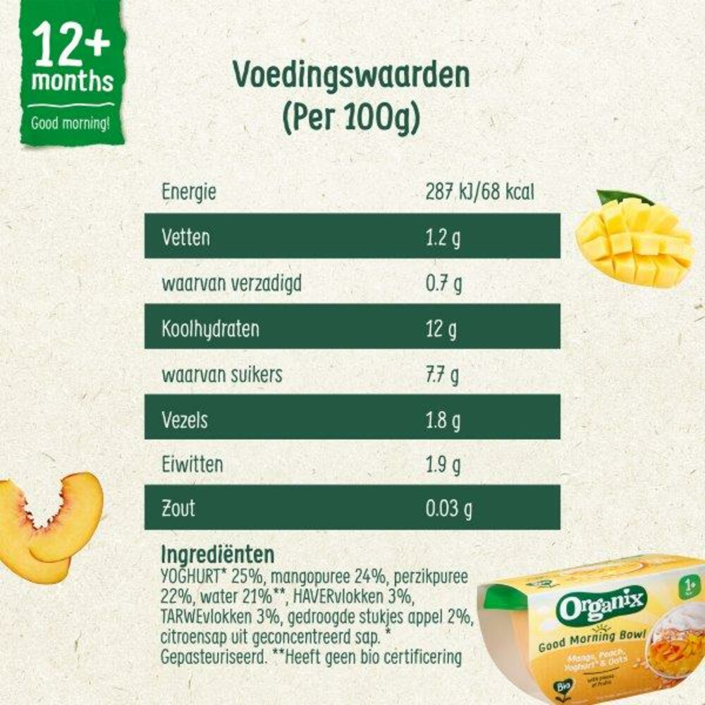 6x Organix Good Morning Bowl Mango, Perzik, Yoghurt 12+m120 gr
