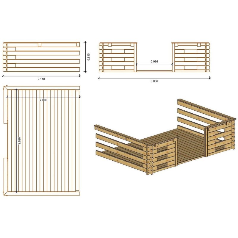 Abri de jardin en bois - 3x3 m - 15 m2 + terrasse avec balustrade et avant-toit en bois