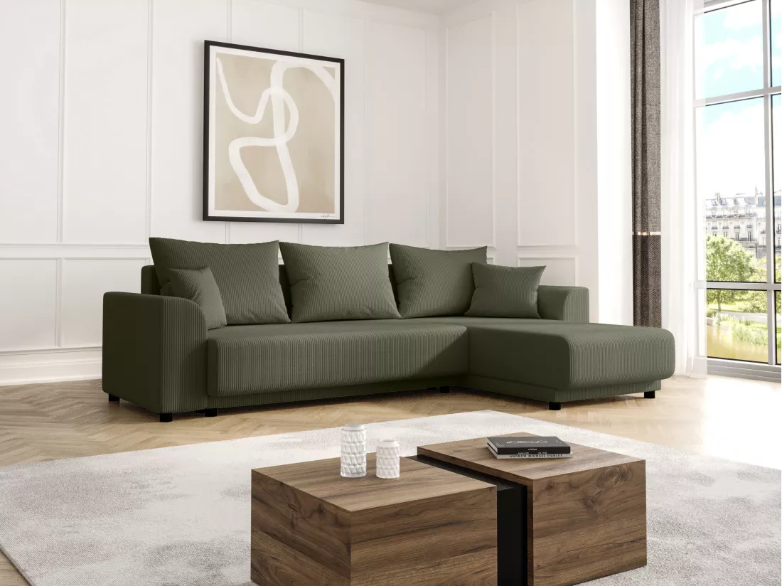 Canapé d'angle convertible et réversible en velours côtelé vert kaki NESSARO