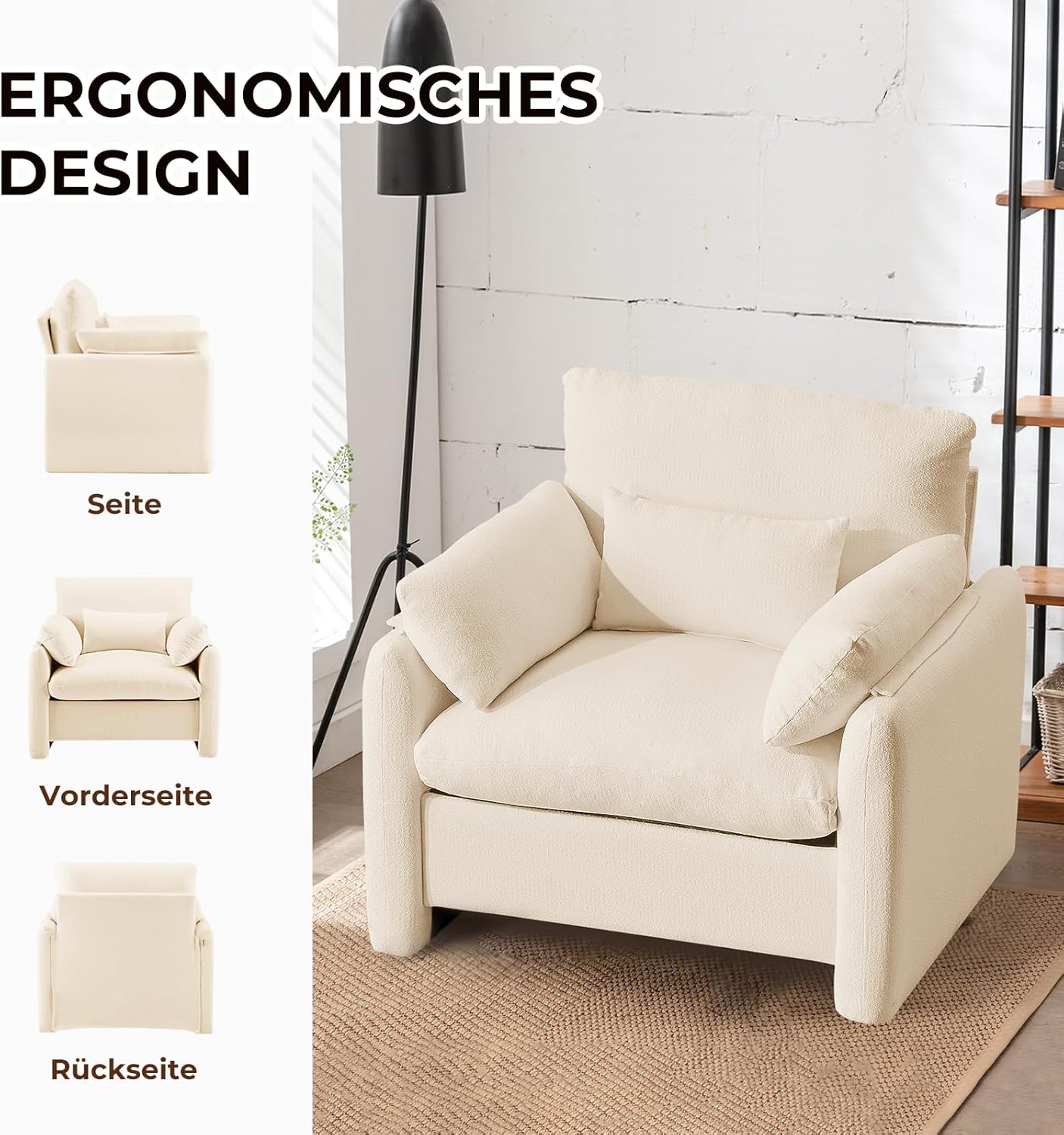 Extragroß Ohrensessel Sessel Wohnzimmer, 93.5cm Polstersessel Fernsehsessel Einzelsofa mit Abnehmbares Armlehne & Wurfkissen, Einzelsofa Lesesessel für Wohnzimmer Schlafzimmer, Beige