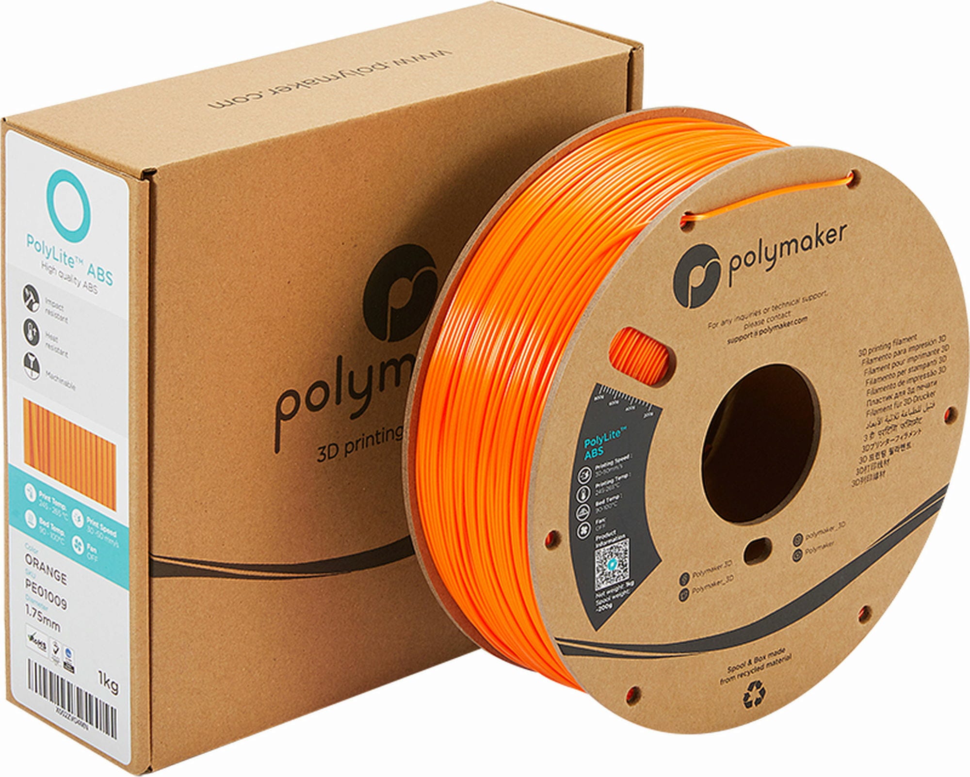 Polymaker  PolyLite ABS Orange, 1,75 mm (1.000 g)    Außergewöhnliche Qualität mit PolyLite ABS in Orange