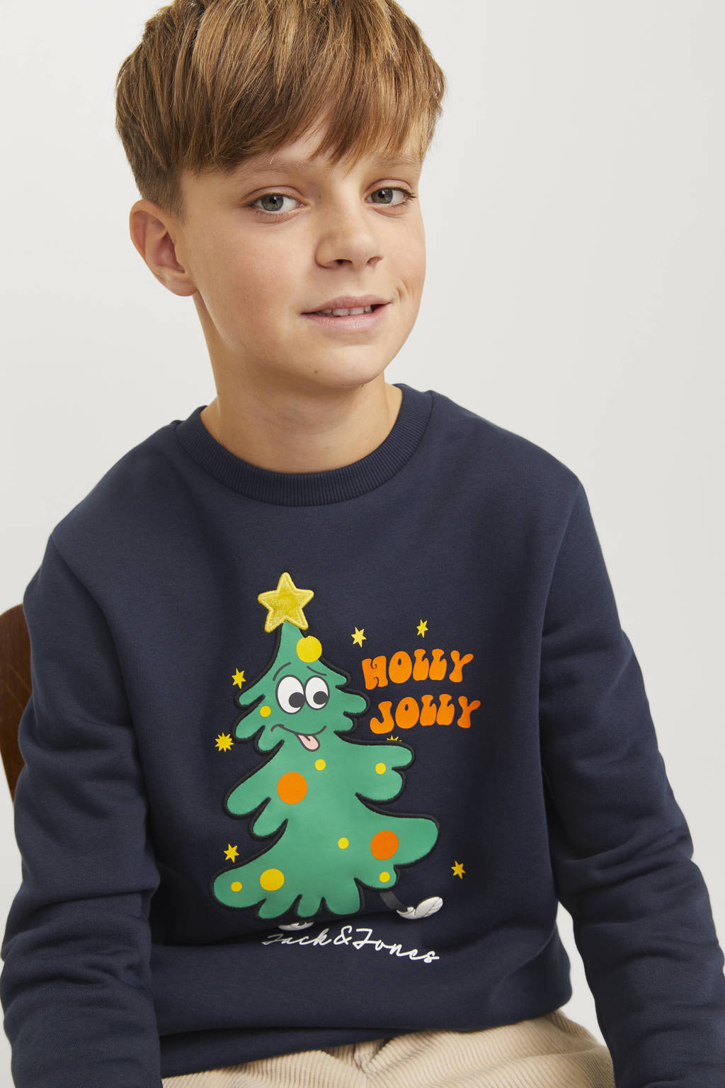 JACK & JONES kerstsweater JJXMAS JOLLY met printopdruk donkerblauw