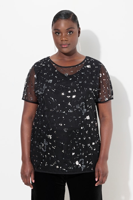 Meshbluse, oversized, Pailletten, Ziersteine, Halbarm