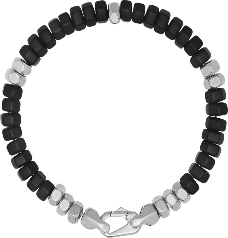 Nialaya Men's Hexagon Beaded Bracelet with Black Onyx and Silver Black