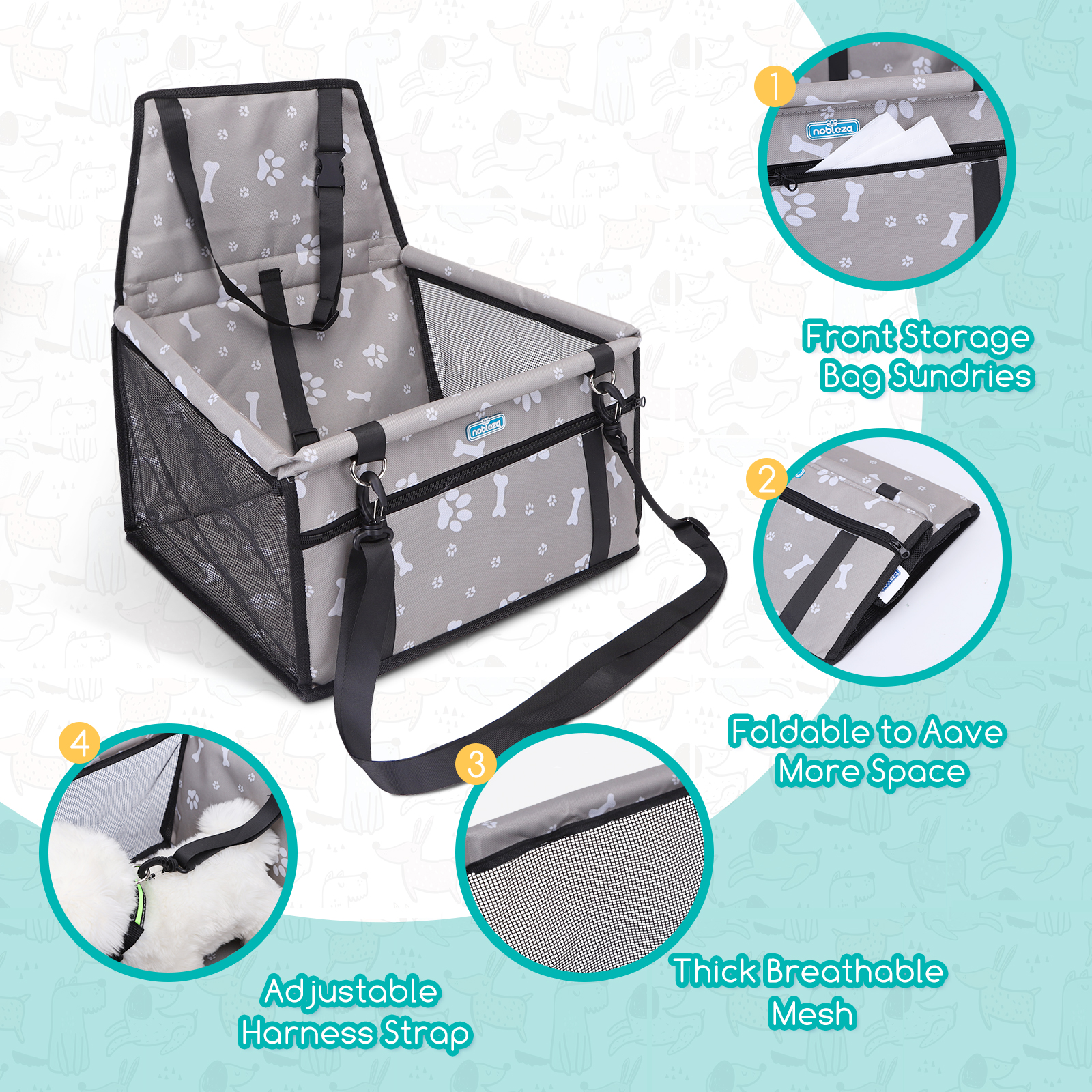 Nobleza - Reforço para Assento de Carro para Cães, Assento de Segurança para Animais de Estimação, Bolsa de Viagem Dobrável e Lavável para Cães e Outros Animais de Pequeno Porte com Bolso com Zíper, 40 * 34 * 25 cm, Cinza