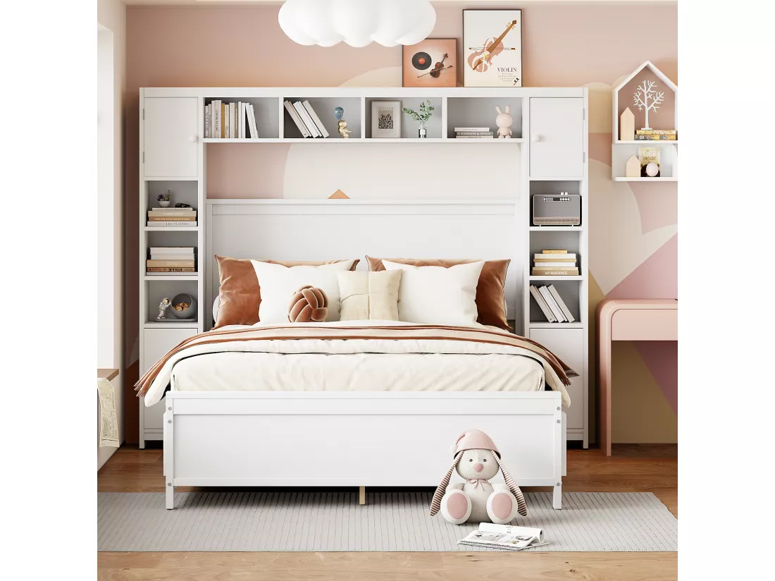 Lit 140 x 200 cm avec 4 tiroirs et rangement - Bois massif - Décor blanc - CONAN