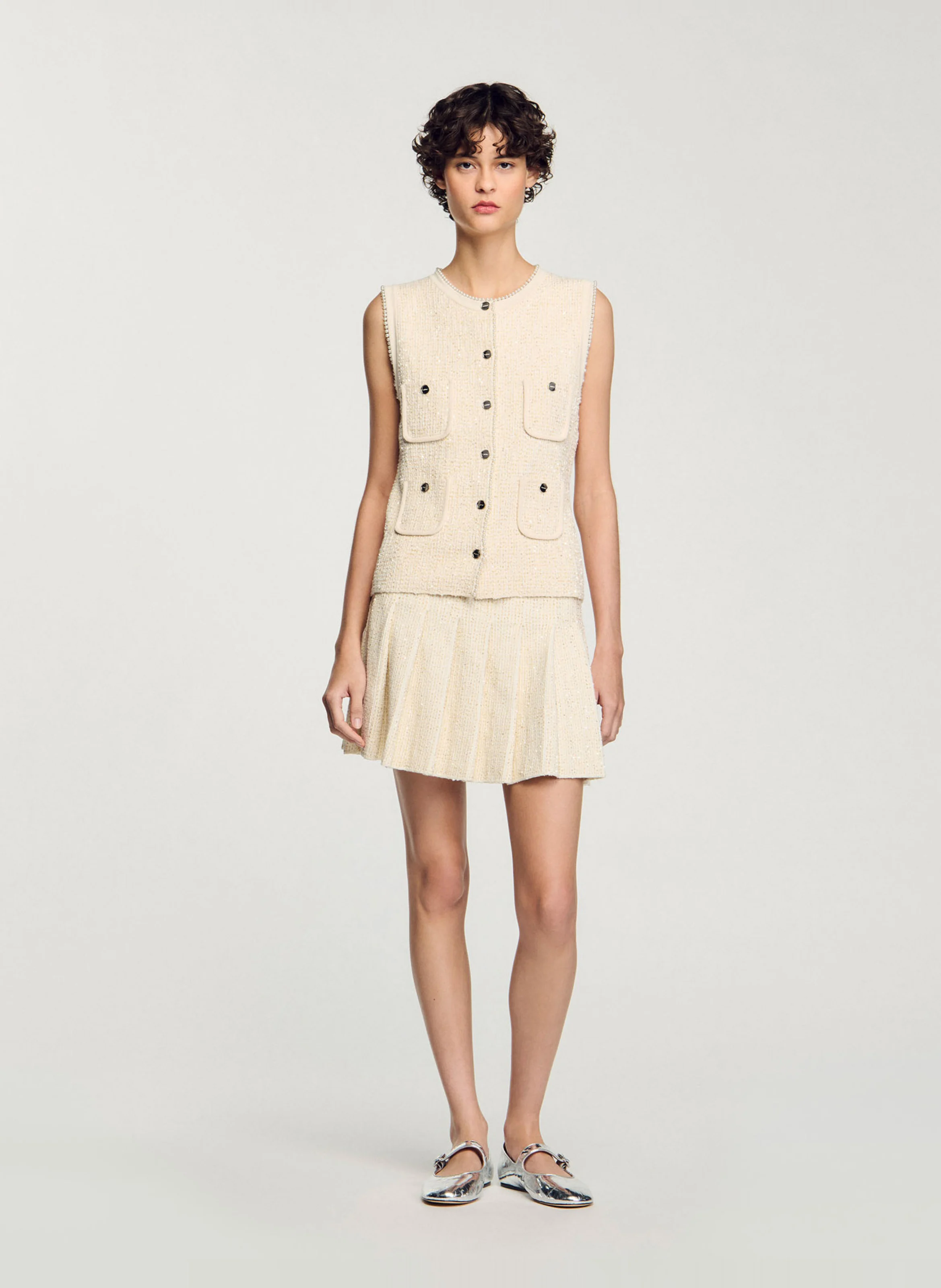 Jupe courte plissée en tweed à sequins | Blanc