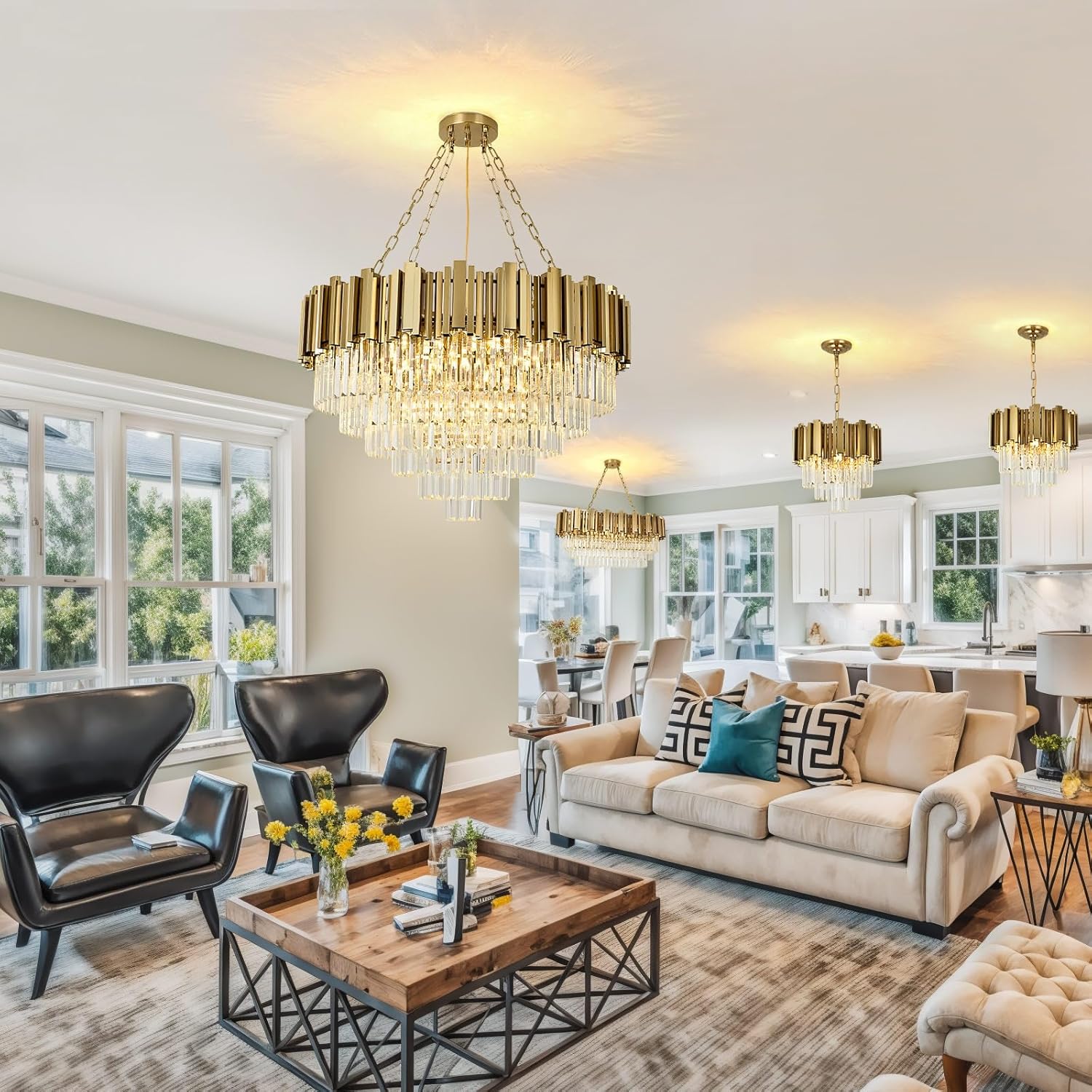 Modern Crystal Chandelier Gold Pendant Light Fixtures, Round Crystal Pendant Lighting for Living Room, Dining Room, Bedroom, Restaurant, E14 x 12, Φ80cm