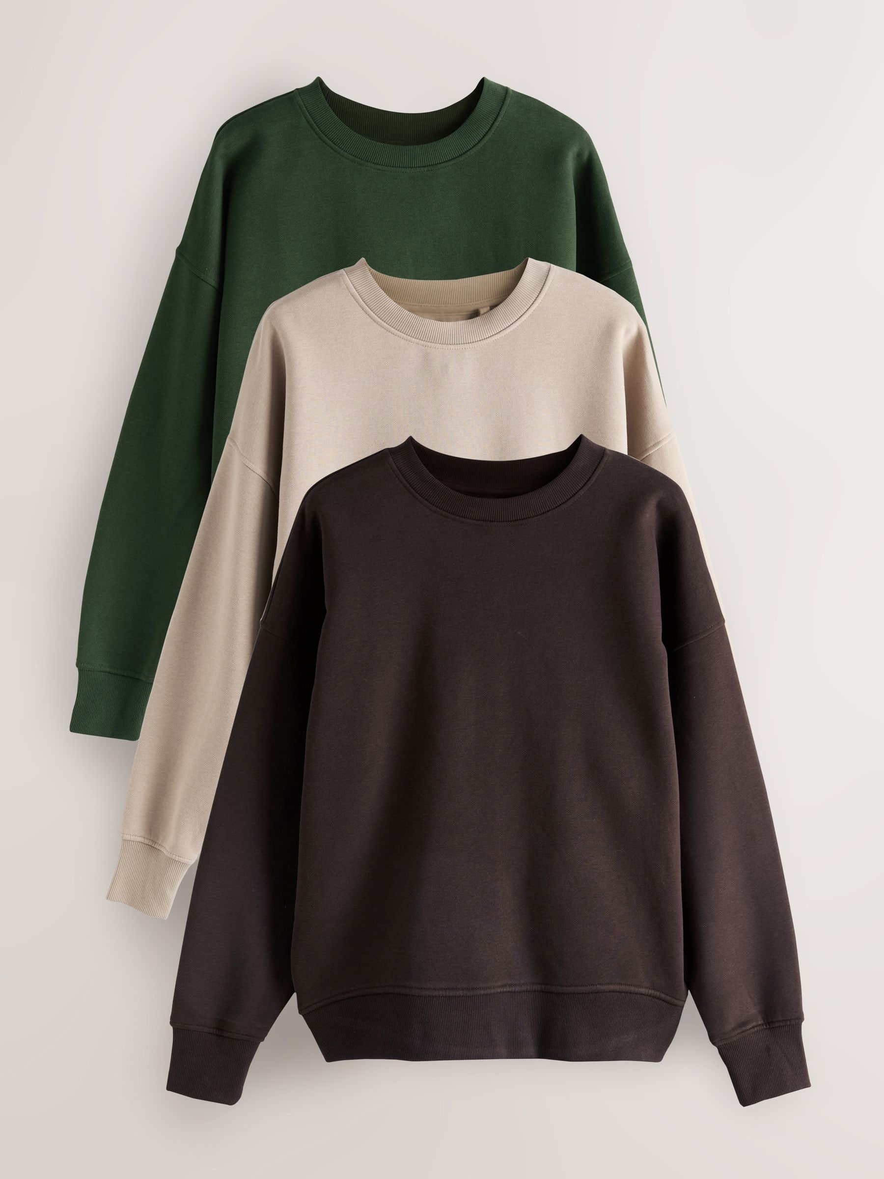 Khaki/steenkleur - Cotton Rich Brushed Back Soft Feel Ribbed Crewneck Sweatshirts 3 Pack