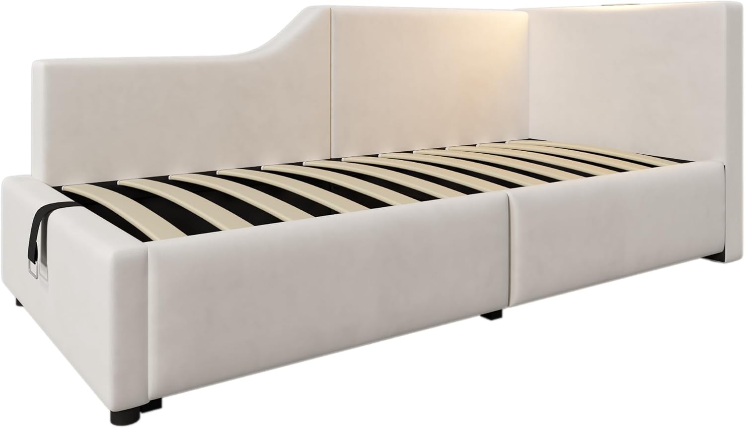 Polsterbett Tagesbett Daybett 90x200cm, Schlafsofa mit hydraulischem Stauraum, Leselichtfunktion und USB-C-Ladefunktion, Jugendbett Bettgestell, Samt (Beige, 90×200cm)