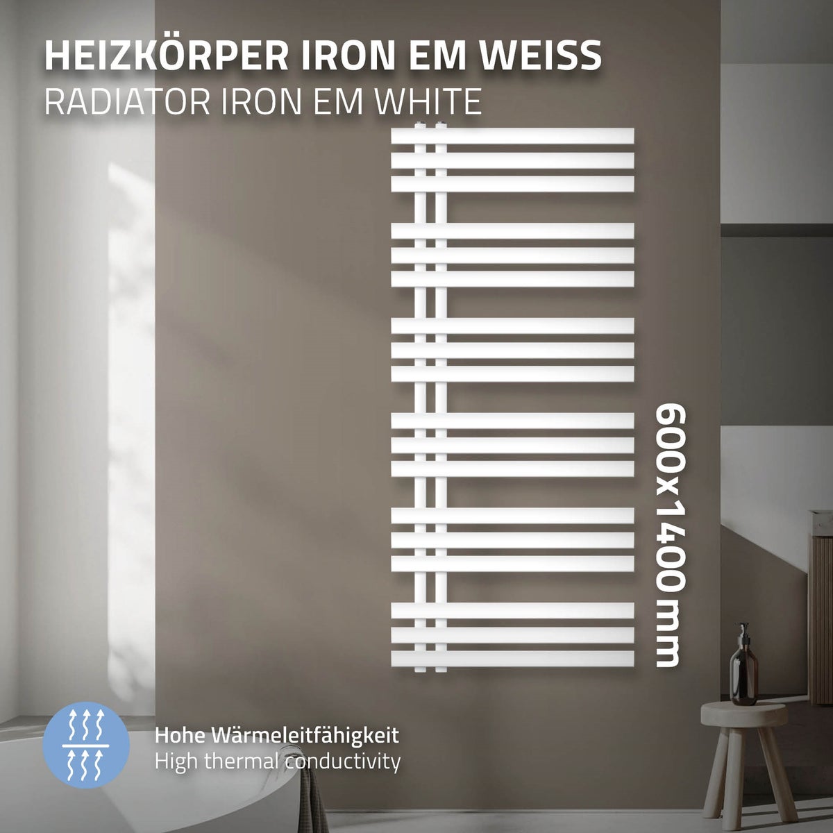 LuxeBath Design Badkamerradiator Iron EM 600 x 1400 mm, Wit, Designradiator Paneelradiator Vlakke radiator Handdoekwarmer Handdoekdroger Badkamer/Woonkamerverwarming, incl. montageset