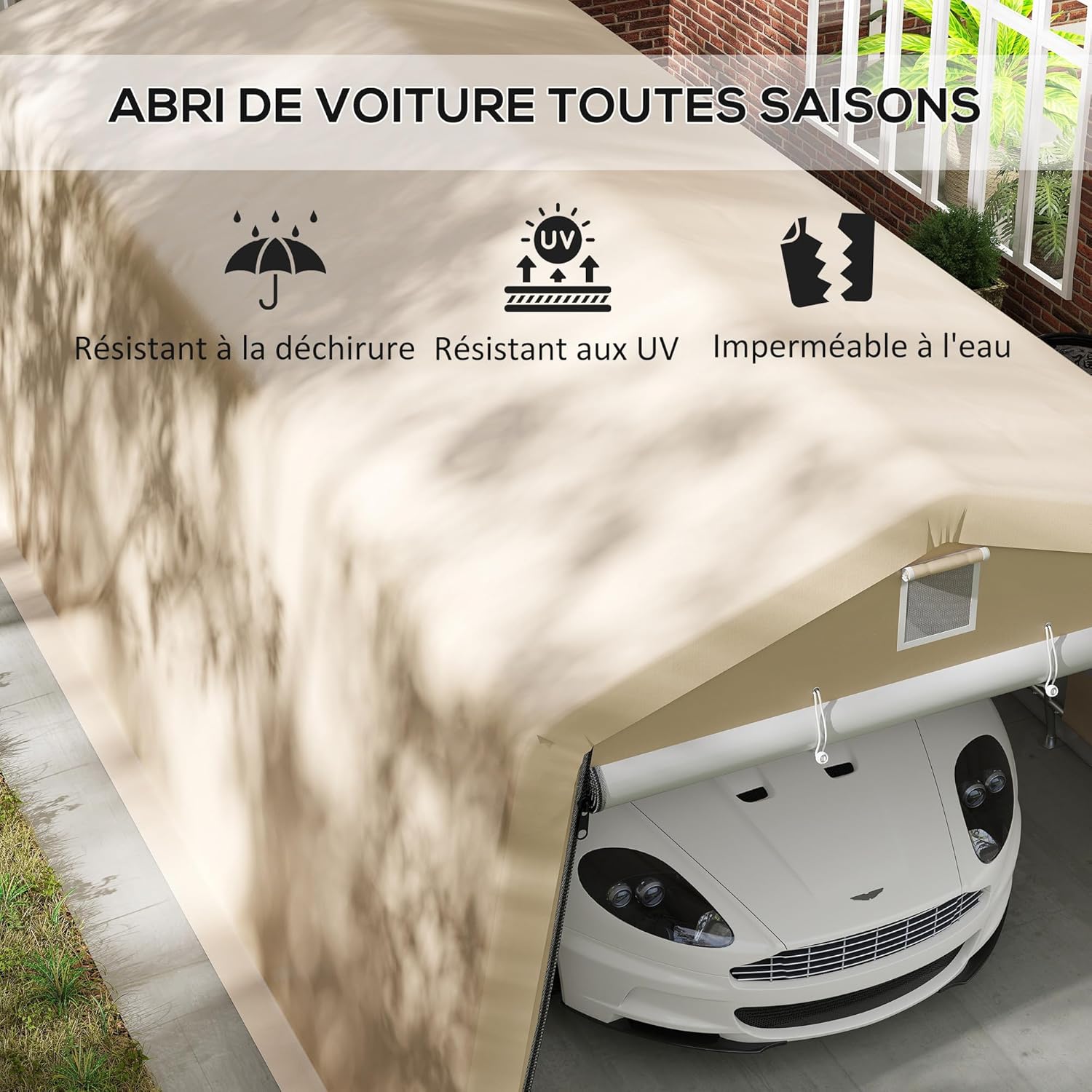 Outsunny Zelt Garage Carport ABM. 6,2L x 3,3l x 2,4H m robuster verzinkter Stahl PE mit hoher Dichte 150 g/m² wasserdicht UV-beständig, 1 khakifarbene Tür und 2 Belüftungsöffnungen