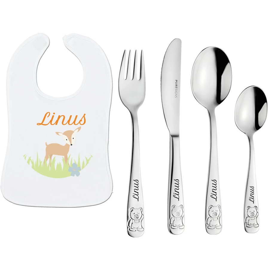 Schnullireich Geschenkset mit Namen Teddy: Puresigns Kinderbesteck mit Gravur + Lätzchen Silber