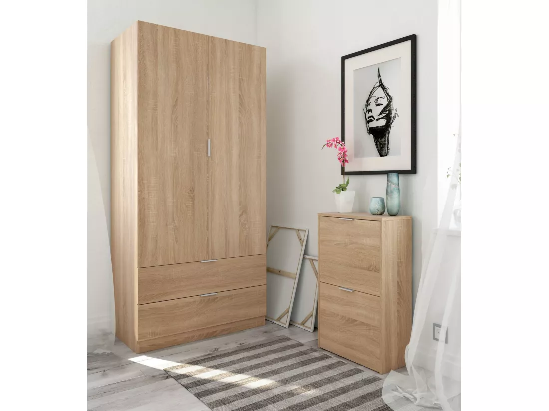 Armoire Darest, Armoire de chambre avec 2 portes et 2 tiroirs, Meubles de chambre avec penderie, 81x52h180 cm, Chêne