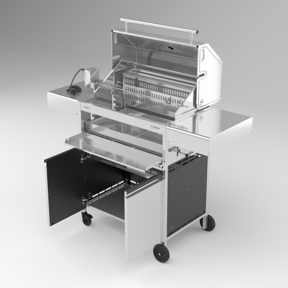 Schickling Holzkohlegrill 'Walter XL - Pro' Grillwagen BBQ Holzkohlegrill aus rostfreiem Edelstahl mit doppelwandigem Deckel - Made in Germany, mit Drehspieß & Backburner, Grillfläche: 71 x 45 cm