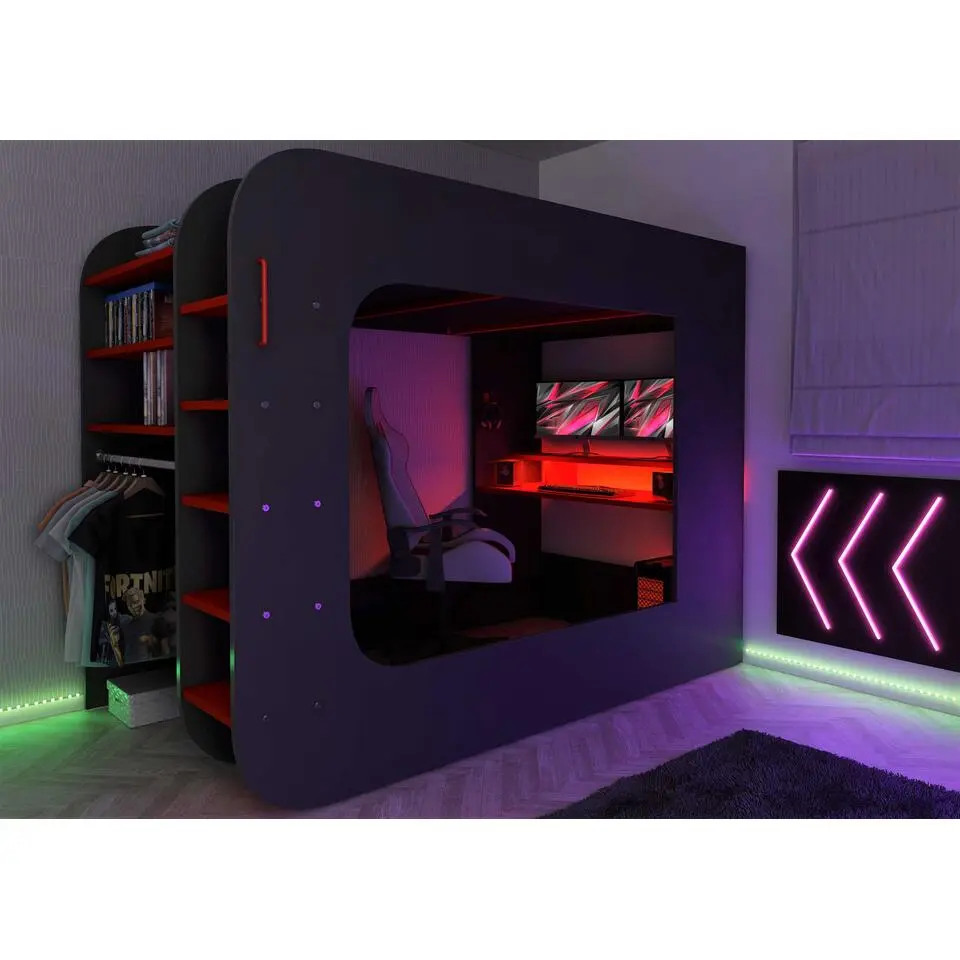 Hoogslaper Graham met gamebureau 120x200cm - antraciet/rood