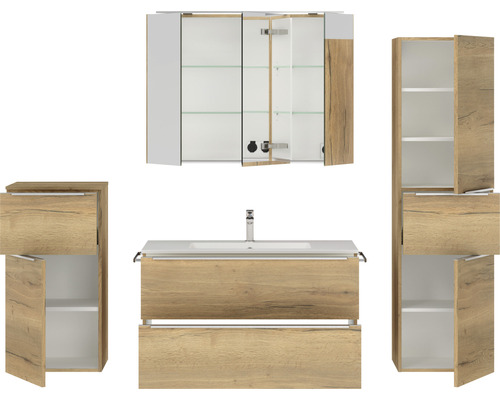Badkamermeubelset NOBILIA Programma 1 BxHxD 210 x 169,1 x 48,7 cm, frontkleur eiken naturel, met wastafelmeubel en 3-deurs spiegelkast met LED-verlichting, onderkast, halfhoge kast, greeplijst mat chroom, 118