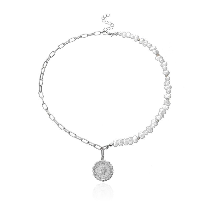 Parskletie - Ketting met reliëfschijfhanger en imitatieparel