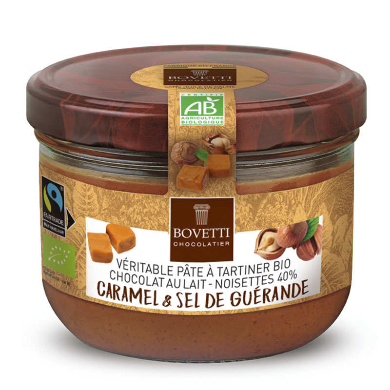 Véritable pâte à tartiner bio au chocolat au lait et caramel sans huile de palme