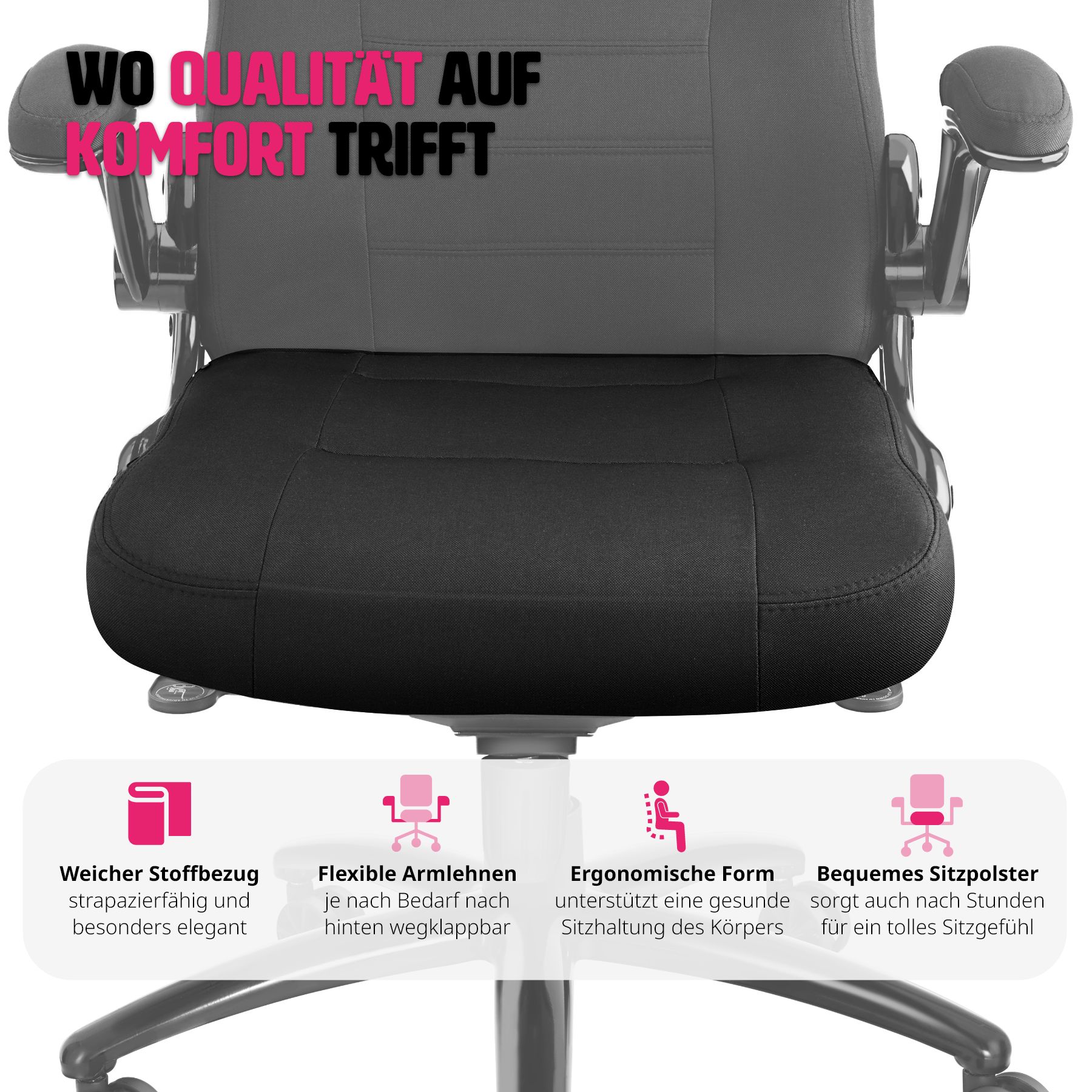 tectake® Bürostuhl, ergonomische Form, mit Stoffbezug, klappbare Armlehnen und Wippfunktion, stufenlos höhenverstellbar