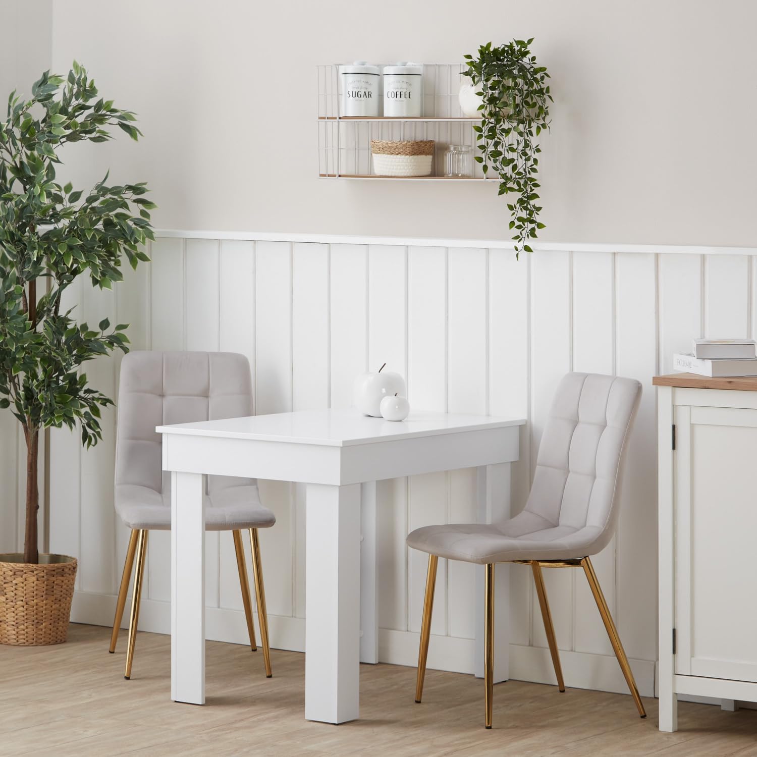 Homestyle4u 2755, Essgruppe mit 2 Stühlen Esstisch 90 x 60 cm Esszimmertisch Holz weiß Essstühle Hell Grau modern Tisch