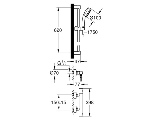 GROHE Grohtherm 800 Cosmopolitan douchekraanset met thermostaat, 62 cm douchestanglengte, chroom, 34768000