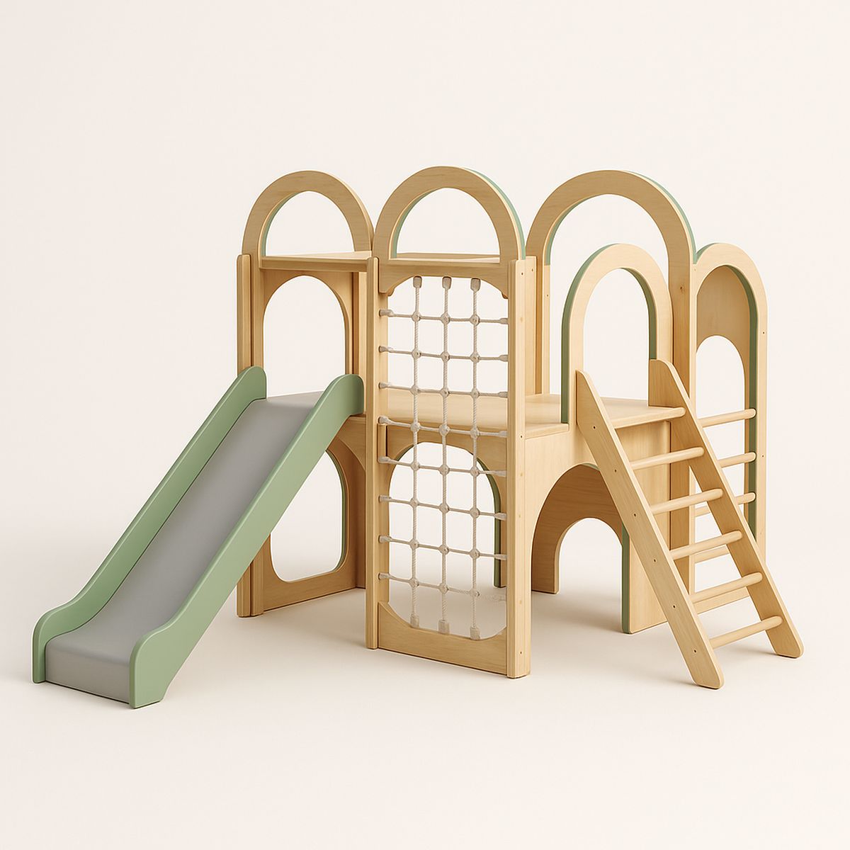 Kinder Holzspielplatz mit Rutsche und Kletternetz aus Birke Natur/Grün