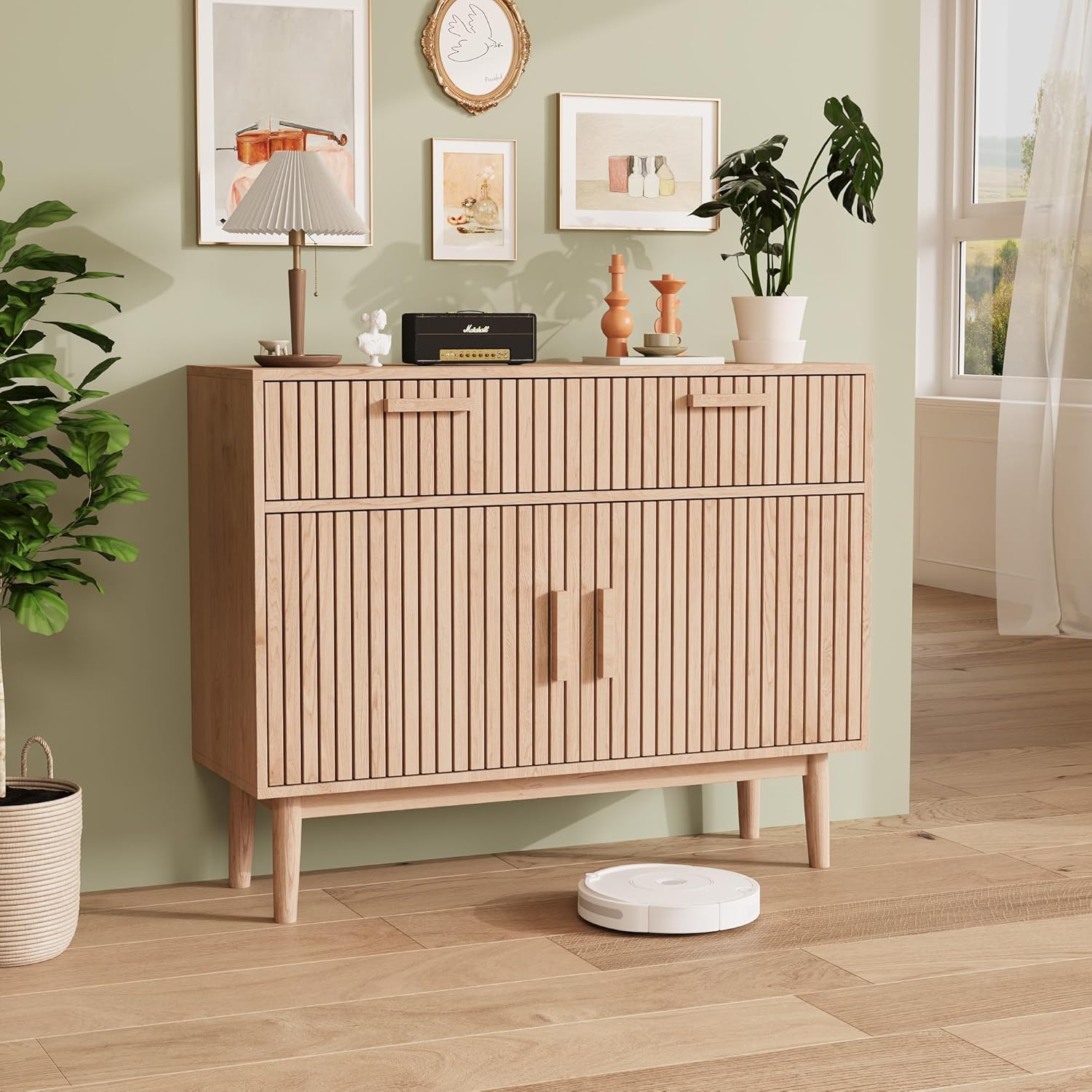 Rattan Sideboard Kommode mit 2 Schublanden und 2 Türen,100x35x80 cm Küchenschrank, Aufbewahrungskommode, Rattan Sideboard Schrank Beistellschrank, kommode Schmal, Modern Schrank für Wohnzimmer