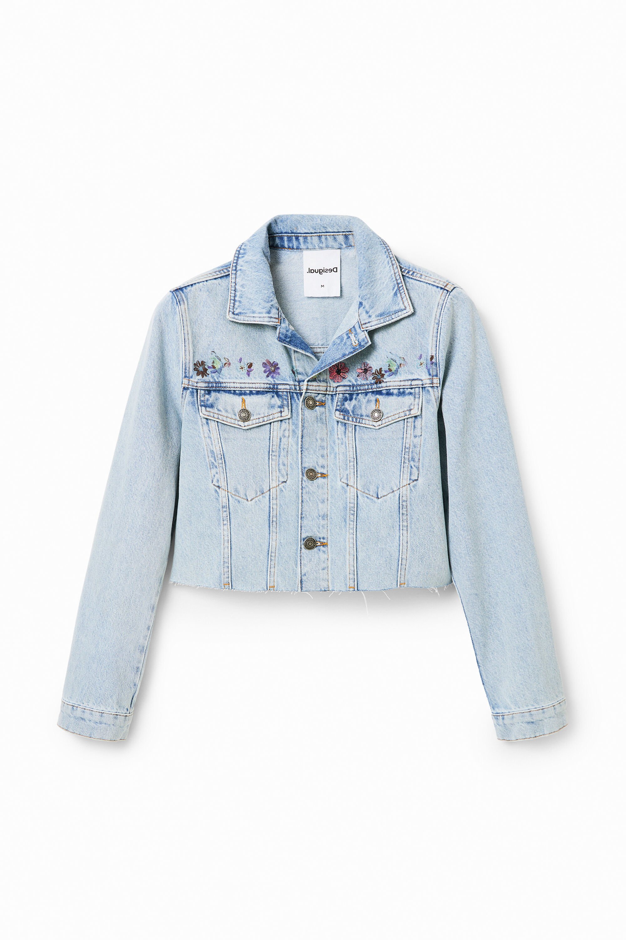 Veste courte en jean fleurs