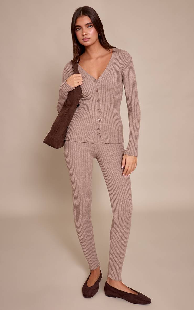 Taupe Cardigan Côtelé À Manches Longues Boutonné Sur Le Devant